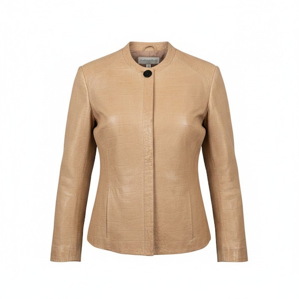 Katherine Kelly Women Croc Embossed Leather Jacket Lambskin Office Tan Large